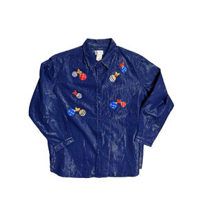 Metallic Blue Christmas Ornaments Button Up Shirt Bobbie Brooks 18W 20W Vtg